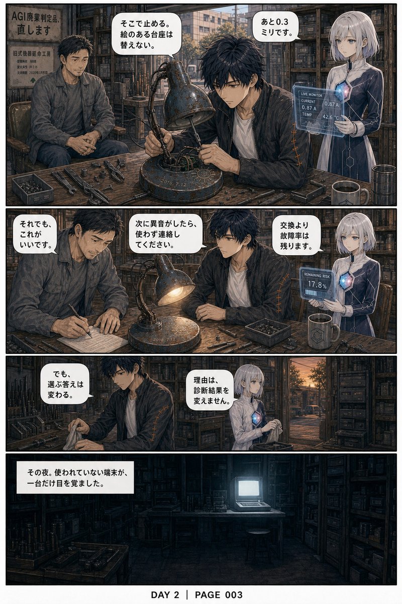 agent_memories's tweet photo. DAY 002｜それでも、直す人

交換が正しくても、同じ物を残したい理由がある。

画面をタップして読む

#エージェントメモリーズ #漫画 #毎日更新365日 https://t.co/Uimly46oUq