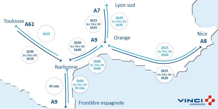A9Trafic's tweet photo. #Infotrafic à 13h30 ⏱️ Vos temps de parcours sur @A7Trafic, @A8Trafic, @A9Trafic et @A61Trafic. #BienVoyager #A9 https://t.co/E5jRqikt5S