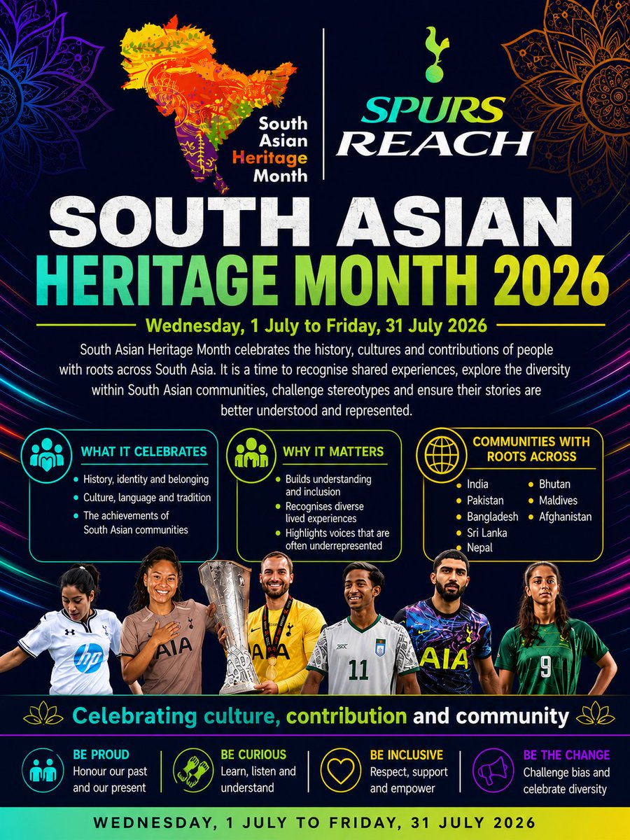 SpursREACH's tweet photo. South Asian Heritage Month celebrates the history, cultures and contributions of people with roots across South Asia. It is a time to recognise shared experiences, explore the diversity within South Asian communities, challenge stereotypes for the better! 💪🏾

🇦🇫🇧🇩🇧🇹🇮🇳🇲🇻🇲🇺🇳🇵🇵🇰🇱🇰 https://t.co/YGgDGUc5XK