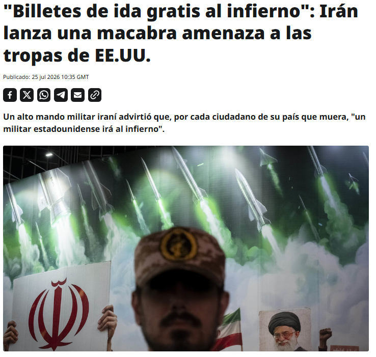 ActualidadRT's tweet photo. Irán lanza una dura advertencia a las fuerzas de Estados Unidos en medio de la creciente tensión entre ambos países: "Tenemos preparados billetes gratuitos y directos al infierno para ustedes". https://t.co/w2AJezKIlw https://t.co/aA8ER7w5Df