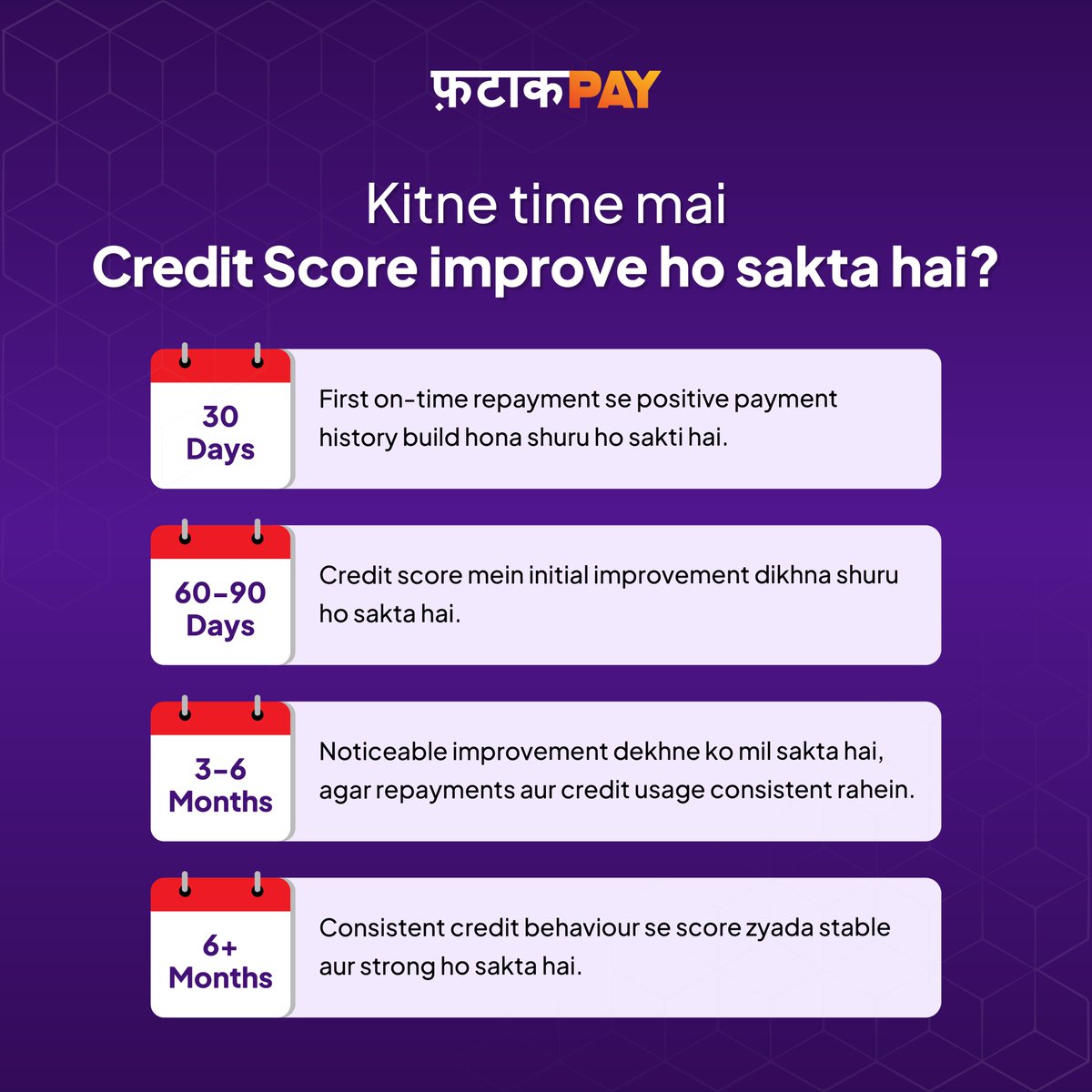 FatakPay's tweet photo. Credit score kab sudhrega? Honest timeline 👇 
On-time payment habits se profile dheere-dheere strong hoti hai.

[FatakPay, FatakUdaan, Credit Score Improvement, Credit Building, indias financial super app]

#FatakPay #CreditScore #FatakUdaan #PaisaSamjho #indiasfinancialsuperapp https://t.co/WxGkZjq9e4