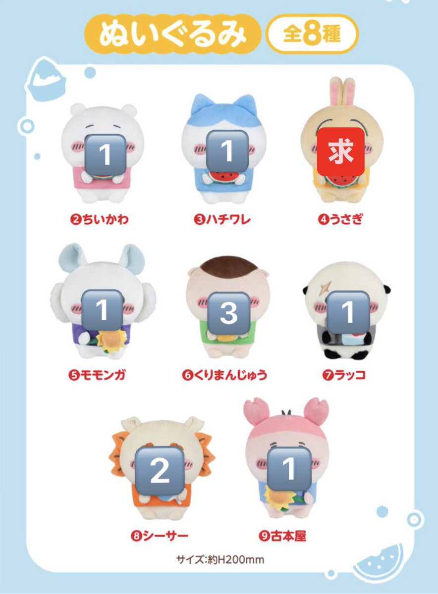 jhtr__14's tweet photo. ちいかわくじ エニマイくじ 交換

【譲】ぬいぐるみ ④うさぎ以外全種
        風鈴 ⑪ハチワレ
        コップ ⑰ちいかわ•うさぎ以外全種
　　 ポーチ 全種
【求】うさぎ関連  ぬいぐるみ、コップ、
豆皿に関しては全種
　　
郵送での交換希望

お気軽にお声掛けください。 https://t.co/qsoleK9Lgl
