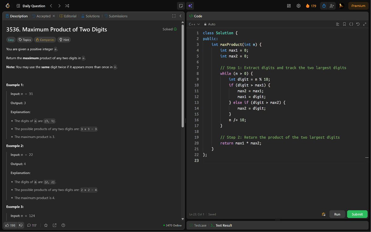PankajB42550's tweet photo. 🚀 #Day 179/100 (Maximum Product of Any Two Digits @LeetCode – #Daily)!

Key: Extract digits, track two largest, return product.

⌛ O(log n) | O(1)
✅ Accepted

@CoderArmy #100DaysOfCode #DSA #Math #DSA26 #DAY179 https://t.co/F8Tu2bLRCp
