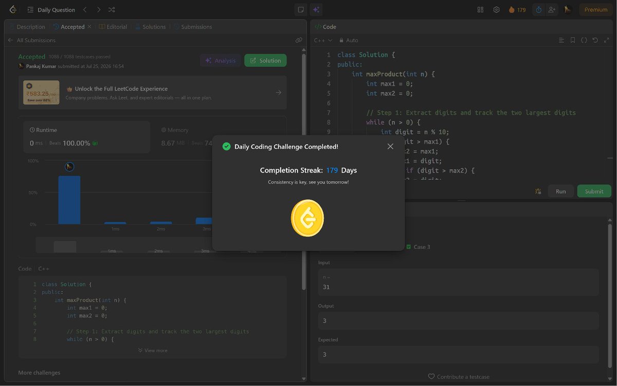 PankajB42550's tweet photo. 🚀 #Day 179/100 (Maximum Product of Any Two Digits @LeetCode – #Daily)!

Key: Extract digits, track two largest, return product.

⌛ O(log n) | O(1)
✅ Accepted

@CoderArmy #100DaysOfCode #DSA #Math #DSA26 #DAY179 https://t.co/F8Tu2bLRCp