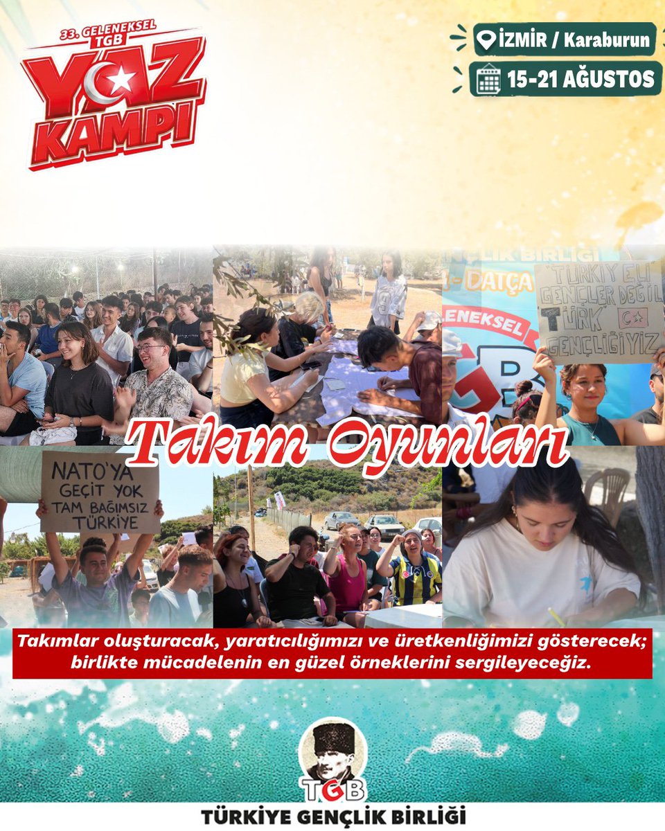 genclikbirligi's tweet photo. 🏕 33. Geleneksel TGB Yaz Kampı seni bekliyor!

🤝 Dostluğun ve paylaşmanın öne çıktığı, yaratıcı ve özgün olanın kazandığı takım oyunlarıyla hem eğleneceğiz hem öğreneceğiz. 

15 Ağustos’ta İzmir/Karaburun'da buluşalım.⬇
🔗 https://t.co/0FA8YGw4jX
📞 0507 052 7318 https://t.co/JYbs7tLOb1