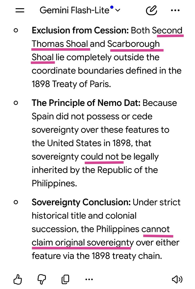 0a3kw0F's tweet photo. @IsabellaAn67 You have a point. And according to Gemini, the Philippines does not have sovereignty claims over SCS features like Scarborough Shoal and Second Thomas Schoal, to which disputes exist between PH and China. https://t.co/4ICfo9tZBl