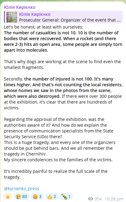 AMK_Mapping_'s tweet photo. Ukrainian journalist Yuliya Kyriyenko also reports that the true casualty numbers are higher than 10, with a lot of the people killed likely torn apart into molecules, which explains why dogs are working at the scene to identify fragments and DNA. 

She also reported that the number of injured is more than 100, even when not including local residents living nearby.