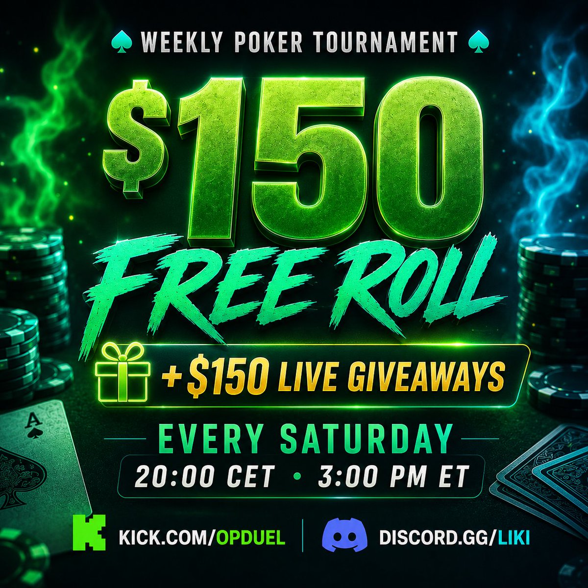 Likislot's tweet photo. 🚨 WEEKLY POKER TOURNAMENT IS HERE! ♠️

💰 $150 FREE ROLL
🎁 +$150 in LIVE Giveaways
Join me every Saturday for our weekly poker tournament and compete for cash prizes while hanging out live on stream!

🕗 Starts at 20:00 CET / 3:00 PM ET

📺 Live on: https://t.co/vE5twRopB4
💬 Community: https://t.co/vy81Dgir3z

See you at the tables. Good luck! 🍀♠️
#Poker #CryptoCasino #PokerTournament #FreeRoll #Giveaway #KickStreaming #OPDuel

Use Code: https://t.co/sELufECV0G