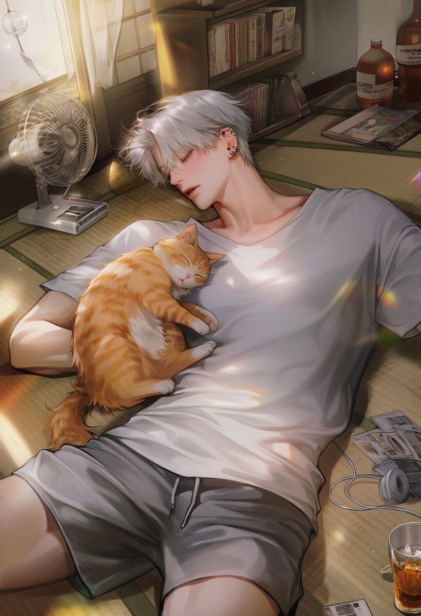 J_JJ0089's tweet photo. 고양이와 낮잠
(찐빠 많아요, 잘 안누워요 ㅠ 눈 관련 프롬 지워주세요)

2.0:::lying on a tatami floor, peacefully taking a nap beside a fluffy cat::,

one arm gently wrapped around the sleeping cat, cheek resting against the cat, relaxed sleeping expression, 

loose oversized white t-shirt, comfy shorts,

a fluffy orange tabby cat sleeping beside, both peacefully napping together,

traditional Japanese tatami room,
vintage electric fan,
wooden bookshelf,
open manga books,
cassette player,
white wired headphones,
glass of iced barley tea,
wind chime by the open window,

warm golden afternoon sunlight streaming through the window,
soft sunbeams,
gentle summer breeze,
curtains softly fluttering,
dust particles glowing in the sunlight,

peaceful summer afternoon,
nostalgic Showa aesthetic,
cozy slice of life,
film photography,
Kodak Gold,
soft bloom,
cinematic lighting,

masterpiece, best quality, ultra detailed, semi-realistic anime illustration