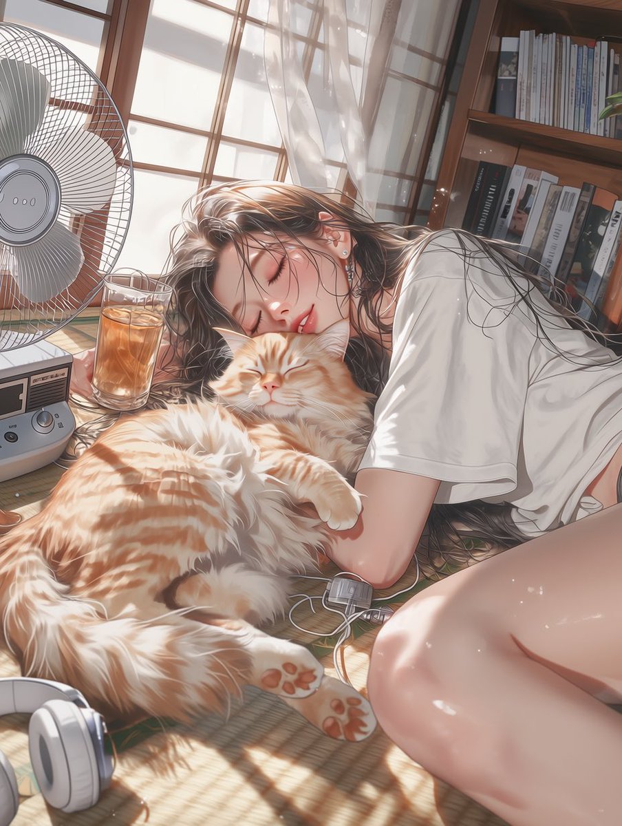 J_JJ0089's tweet photo. 고양이와 낮잠
(찐빠 많아요, 잘 안누워요 ㅠ 눈 관련 프롬 지워주세요)

2.0:::lying on a tatami floor, peacefully taking a nap beside a fluffy cat::,

one arm gently wrapped around the sleeping cat, cheek resting against the cat, relaxed sleeping expression, 

loose oversized white t-shirt, comfy shorts,

a fluffy orange tabby cat sleeping beside, both peacefully napping together,

traditional Japanese tatami room,
vintage electric fan,
wooden bookshelf,
open manga books,
cassette player,
white wired headphones,
glass of iced barley tea,
wind chime by the open window,

warm golden afternoon sunlight streaming through the window,
soft sunbeams,
gentle summer breeze,
curtains softly fluttering,
dust particles glowing in the sunlight,

peaceful summer afternoon,
nostalgic Showa aesthetic,
cozy slice of life,
film photography,
Kodak Gold,
soft bloom,
cinematic lighting,

masterpiece, best quality, ultra detailed, semi-realistic anime illustration