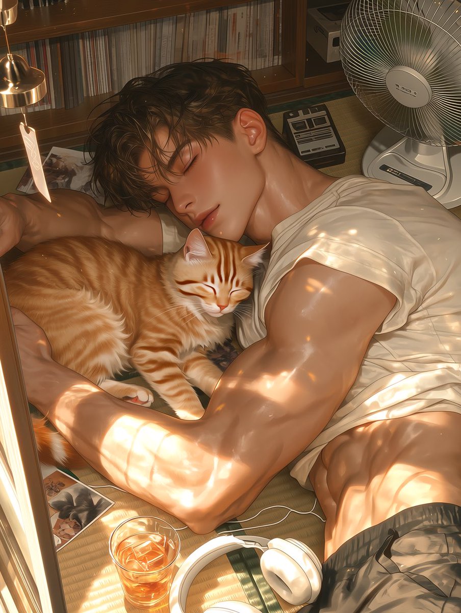 J_JJ0089's tweet photo. 고양이와 낮잠
(찐빠 많아요, 잘 안누워요 ㅠ 눈 관련 프롬 지워주세요)

2.0:::lying on a tatami floor, peacefully taking a nap beside a fluffy cat::,

one arm gently wrapped around the sleeping cat, cheek resting against the cat, relaxed sleeping expression, 

loose oversized white t-shirt, comfy shorts,

a fluffy orange tabby cat sleeping beside, both peacefully napping together,

traditional Japanese tatami room,
vintage electric fan,
wooden bookshelf,
open manga books,
cassette player,
white wired headphones,
glass of iced barley tea,
wind chime by the open window,

warm golden afternoon sunlight streaming through the window,
soft sunbeams,
gentle summer breeze,
curtains softly fluttering,
dust particles glowing in the sunlight,

peaceful summer afternoon,
nostalgic Showa aesthetic,
cozy slice of life,
film photography,
Kodak Gold,
soft bloom,
cinematic lighting,

masterpiece, best quality, ultra detailed, semi-realistic anime illustration