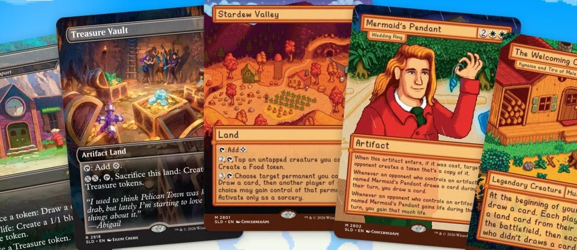 AcervoStardew's tweet photo. A Wizards of the Coast anunciou uma coleção especial de Magic: The Gathering inspirada em Stardew Valley, com cartas inéditas, artes de ConcernedApe e referências a Pelican Town, às minas e aos personagens do jogo. A coleção será lançada em 27 de julho. ✉️ https://t.co/gafe7FZNXz