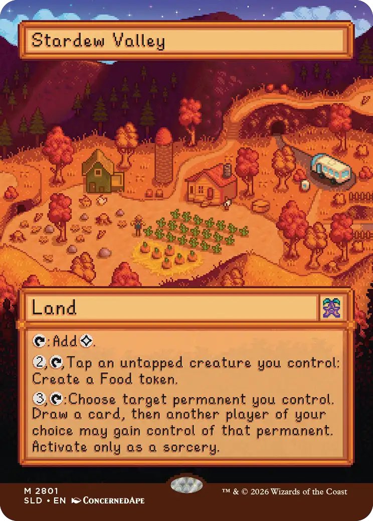 AcervoStardew's tweet photo. A Wizards of the Coast anunciou uma coleção especial de Magic: The Gathering inspirada em Stardew Valley, com cartas inéditas, artes de ConcernedApe e referências a Pelican Town, às minas e aos personagens do jogo. A coleção será lançada em 27 de julho. ✉️ https://t.co/gafe7FZNXz