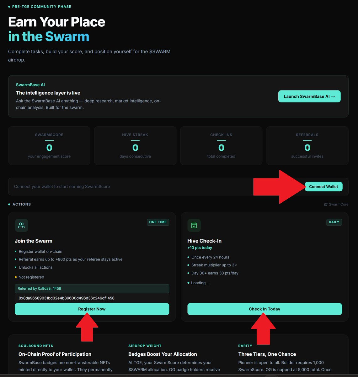 web_airdrops's tweet photo. 🪂 SwarmBase Airdrop 🪂

@SwarmBase is a decentralized AI infrastructure protocol built for agentic swarms, networks of autonomous AI agents that can collaborate, communicate and scale efficiently

💸 The project has raised $7 million

💰 Backed by Castrum Capital, M2M Capital, Notch Ventures and Becker Ventures

⭐️ The airdrop is confirmed, with 20% of the total token supply allocated to the community

SwarmBase has launched its Points Program, where users can earn points through daily check-ins and by collecting badges, helping them qualify for future token rewards

————————————————————————

🟦 Step 1

• Visit the official SwarmBase Points Program: https://t.co/EPUyT2PuSl
• Connect your wallet to create your account and access the dashboard

——————

🟦 Step 2

• Once connected, click "Register Now" to activate your account
• After registering, complete your first Daily Check-In to earn your initial Points

Be sure to bookmark the page and return every day to continue collecting Points

——————

🟦 Step 3

• Scroll down the dashboard to find the available Badges
• Claim each badge as it becomes available

————————————————————————

SwarmBase airdrop guide for free: https://t.co/K43UMjULaY