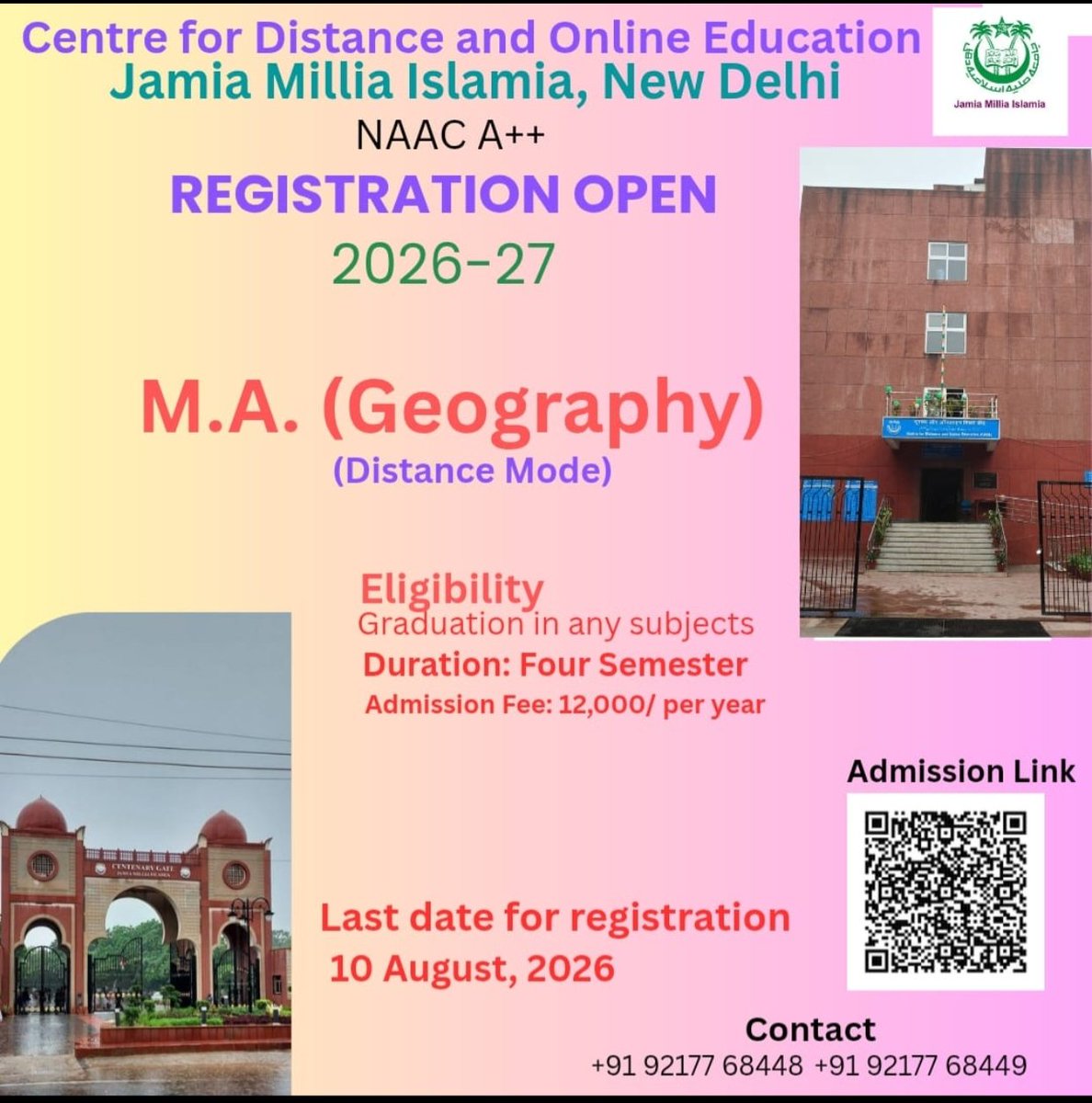 ShekhMoinuddi13's tweet photo. Registration open for 2026-27
MA Geography (Distance mode)
A chance to complete your dream .. 
#postgraduateadmission
#upsc
#geography
@JMI_AlumniUAE 
@jmiu_official 
@OpenAcademics https://t.co/GD81e4ccMT