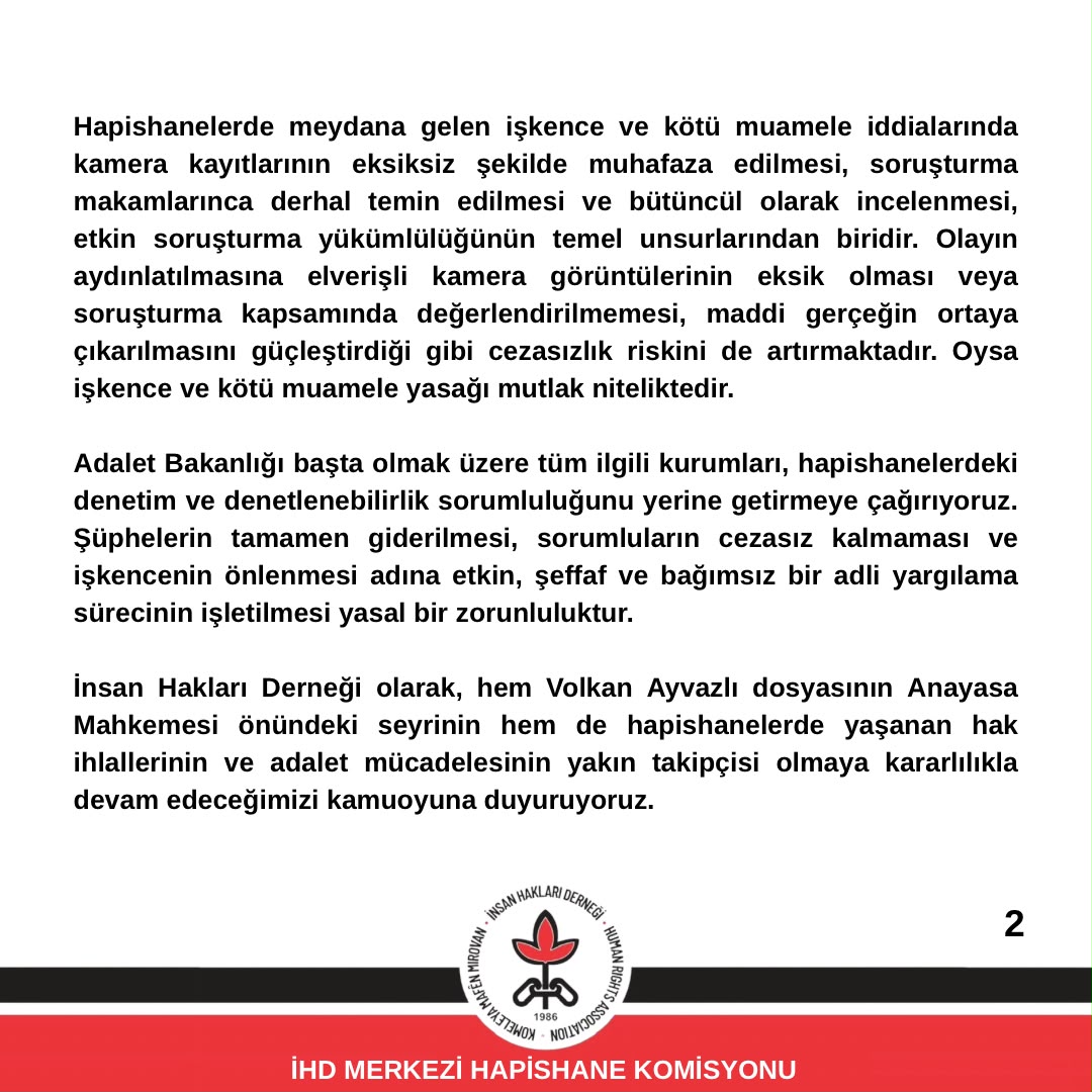 ihdgenelmerkez's tweet photo. Hem Volkan Ayvazlı dosyasının AYM önündeki seyrinin hem de hapishanelerde yaşanan hak ihlallerinin ve adalet mücadelesinin yakın takipçisi olmaya devam edeceğiz. https://t.co/gIb7SZpW05