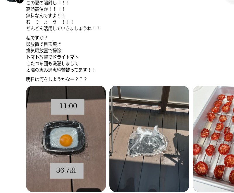 miracle_358's tweet photo. 🌞このクッッッソ暑い夏を楽しもう！🌞

⭕️車のダッシュボードで
・梅干しを作る
・干し椎茸を作る
・切り干し大根を作る
・ドライトマトを作る
・ゆで卵を作る
・温泉卵を作る
・目玉焼きを作る
・発酵食品を作る

⭕️車内で
黒いゴミ袋にぬいぐるみやクッション等を入れて口を縛り、社内に数時間置くとダニ退治に

⭕️ボンネットで
椿油に乾燥ローズマリーをたくさん入れ、ボンネットの上に置く

⭕️庭で
洗濯物オキシ漬け(ずっとお湯♨)

.
以上、Threadsで流れてきた有益情報っした😃