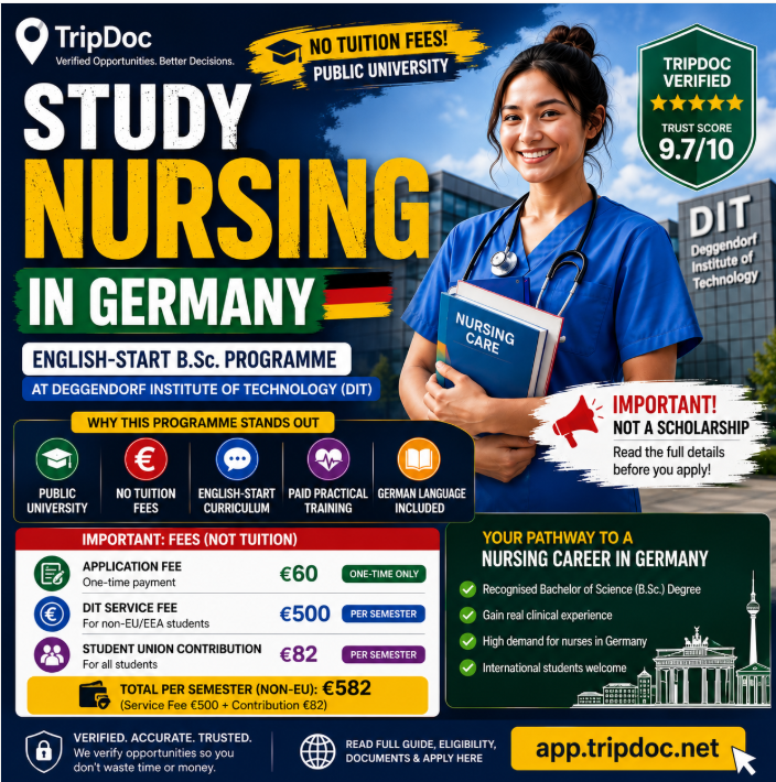 Triip_Doc's tweet photo. 🇩🇪 VERIFIED: Study Nursing in Germany at a public university.

✅ No tuition fees
✅ https://t.co/wRTzua7eA8. Nursing
✅ English-start curriculum
✅ Paid practical training
✅ International students welcome
Important: You'll need German language skills as the programme progresses.

more information here:  https://t.co/EzS332MVJu

#Germany #Nursing #StudyAbroad #InternationalStudents #TripDoc