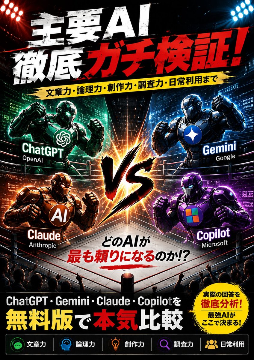 XmanHajime's tweet photo. AmazonKindleで新刊発売！
『主要AI徹底ガチ検証！』

ChatGPT・Gemini・Claude・Copilotの無料版を、文章力・論理力・創作力・調査力・日常利用まで約25万字で本気比較！

通常980円相当の内容を、7/31まで新発売特価299円で販売中です。

#Kindle #新刊 #生成AI #ChatGPT #Gemini #Claude #Copilot #AI活用