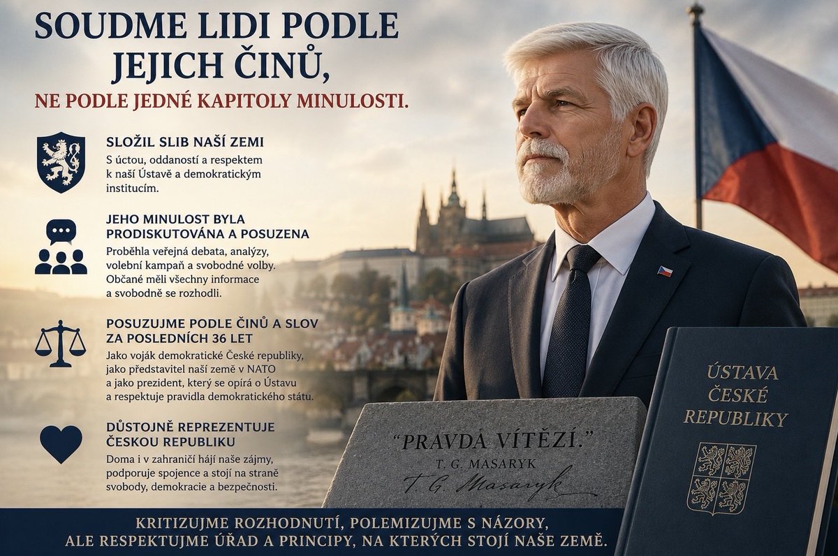 jirilobkowicz1's tweet photo. Člověk má být souzen podle svého života, ne podle jedné kapitoly své minulosti.

Často slýchám otázku: „Jak můžeš citovat Masaryka a zároveň se zastávat Petra Pavla?“
Odpověď je jednoduchá.

Nezastávám se žádného člověka bezvýhradně. Zastávám se principu spravedlnosti.

Prezident Petr Pavel složil slib věrnosti České republice. Zavázal se vykonávat svůj úřad v zájmu občanů, zachovávat Ústavu a chránit demokratické instituce naší země. Za dobu svého mandátu jedná s úctou k ústavnímu pořádku, respektuje dělbu moci a reprezentuje Českou republiku důstojně doma i v zahraničí.

Jeho minulost byla za posledních více než třicet let zkoumána snad ze všech stran. Proběhla veřejná debata, novinářské analýzy, volební kampaň i svobodné prezidentské volby. Občané měli všechny informace k dispozici a rozhodli se ve svobodné volbě.

Demokratická společnost však nemůže člověka soudit navždy pouze podle jedné etapy jeho života. Jinak bychom popřeli samotnou možnost osobního vývoje, změny a odpovědnosti.

Masaryk učil, že demokracie není jen soustava institucí, ale především mravní postoj. A součástí tohoto postoje je schopnost hodnotit člověka podle celého jeho života, podle jeho činů, jeho charakteru a služby společnosti.

Proto považuji za správné hodnotit Petra Pavla především podle toho, co vykonal za posledních šestatřicet let – jako vojáka demokratické České republiky, jako představitele naší země v NATO i jako prezidenta, který se opírá o Ústavu a respektuje pravidla demokratického státu.

To neznamená, že s každým jeho rozhodnutím musíme souhlasit. Prezident není neomylný a kritika k demokracii patří.

Ale kritizujme jeho dnešní rozhodnutí. Polemizujme s jeho názory. Posuzujme jeho konkrétní činy.

To je spravedlivé. To je demokratické. A věřím, že právě to by bylo blízké i Masarykovu pojetí pravdy a odpovědnosti.