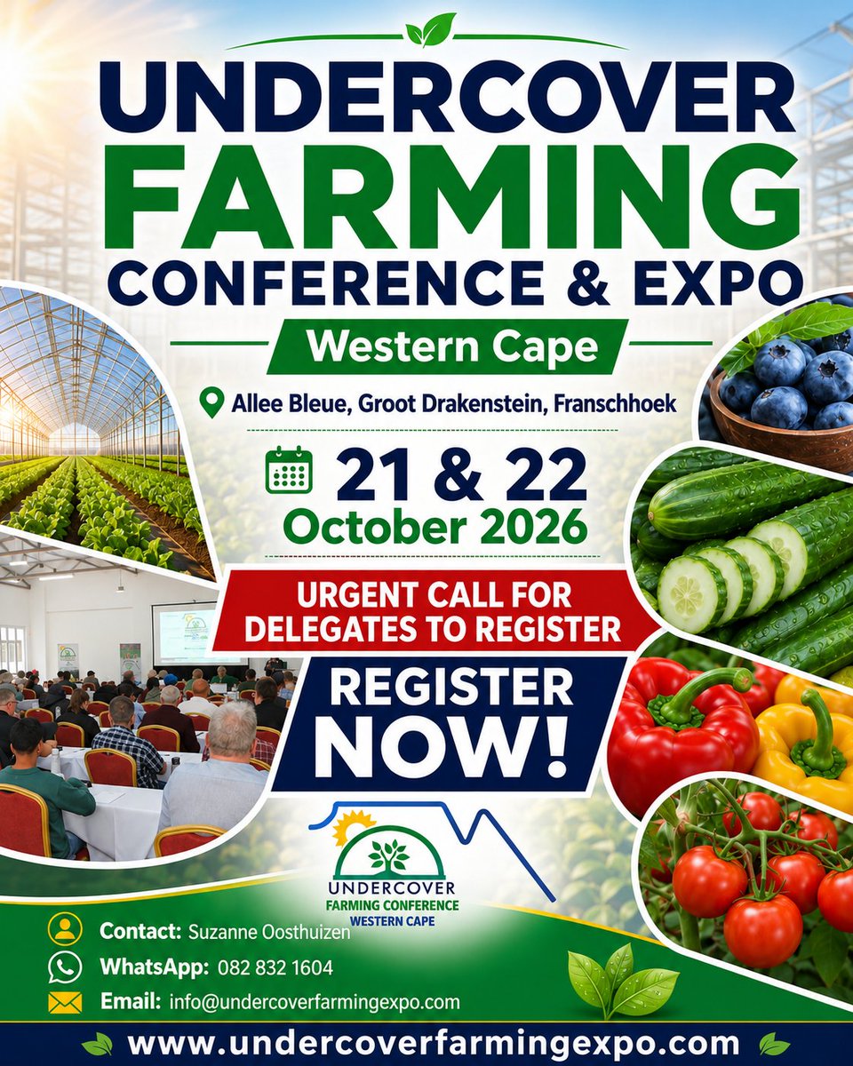 UCF_EXPO's tweet photo. 🌱 URGENT CALL FOR DELEGATES — REGISTER TODAY! 🚨
⚠️ Advance registration is essential. Unregistered visitors and walk-in guests will not be admitted.
✅ REGISTER TODAY:
🔗 Link Visit
https://t.co/2BfxoFJr9q
📲 Suzanne Oosthuizen: 082 832 1604
📧 info@undercoverfarmingexpo.com https://t.co/gtnQhMhNv0