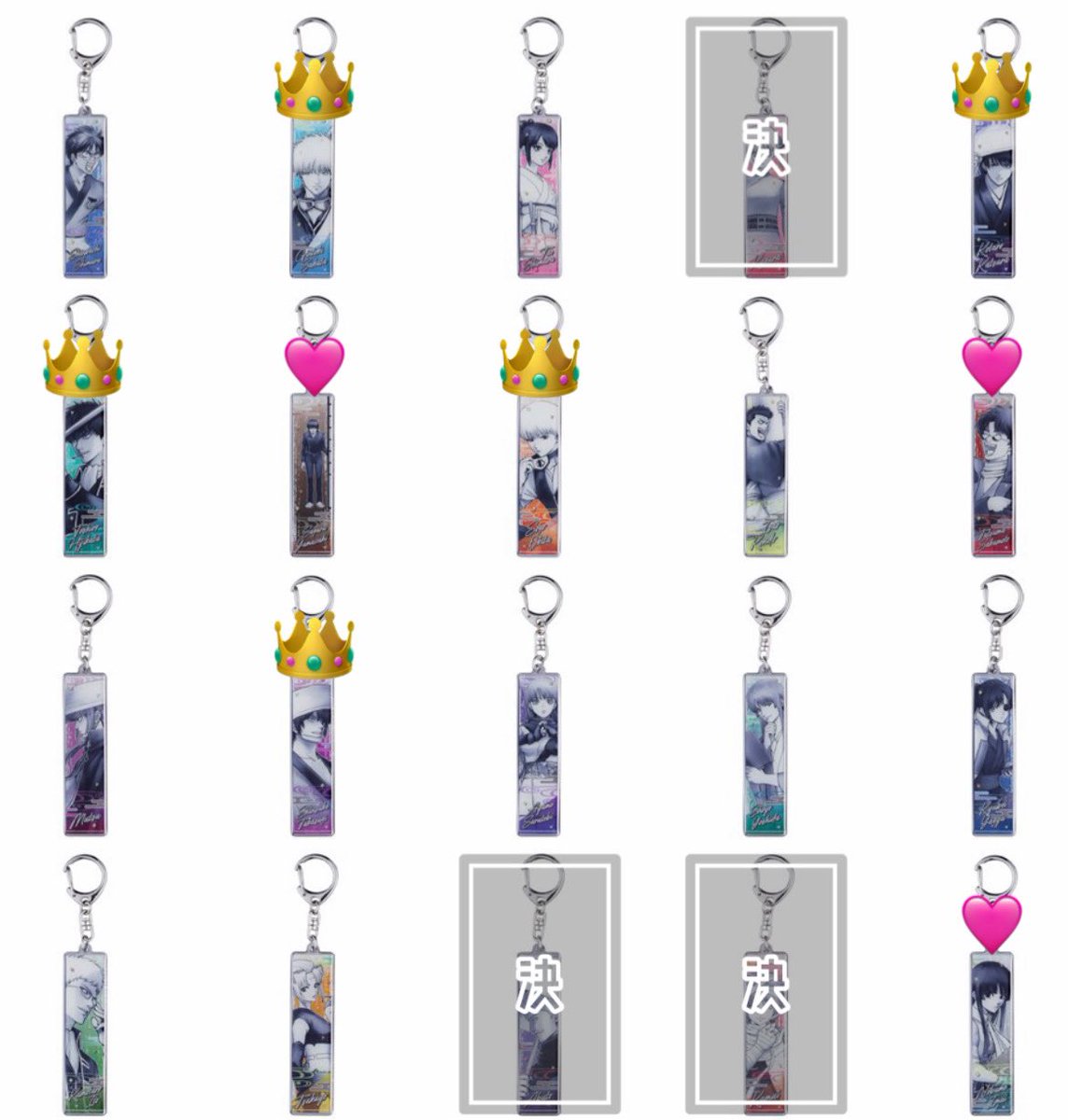 hono__357's tweet photo. 【譲渡】 緩募
銀魂展 メタルキーホルダー

譲
画像 各1

求
定価+送料(PayPay)

👑→無印>>🩷を同数～含む
無印1点～〇、🩷1<2点～〇

・郵送>>手渡し
・枠埋まりましたら初日購入予定のため枠埋まらなければ白紙の可能性あり
・まとめて優先

7/28辺りまで募集予定
お返事遅くなります
既読→♡ https://t.co/HjKypEXTmG