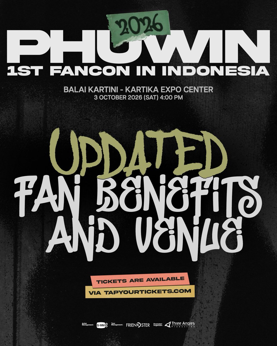 Threeanglespro's tweet photo. After a series of very thorough discussions, we are sincerely pleased to announce a change of venue and enhanced fan benefits to make your fan-con experience much more enjoyable. 💫 As we look forward to our special day with Phuwin, we are delighted to finally share the exciting updates you have been waiting for! 

Even more memorable moments are waiting for you at the fancon as HI-TOUCH and GROUP PHOTO are now available for all ticket categories. Check out the latest details and get ready to go all in for Phuwin 🌟

All current ticket holders will be issued a new e-ticket via email within 1–2 days. Please note that the seat map will remain the same. 

For those who have yet to purchase tickets, the new venue seat map will be available on the ticketing site at 8:00 PM WIB.

For further inquiries and clarifications, you may contact us at taphelpdesk2026@gmail.com. If you have not received a notification after the said period, kindly email us at the same email address.

🎫: https://t.co/ctBD62e8bM
🗓️: 3 October 2026 | 4:00 PM
📍: Balai Kartini - Kartika Expo Center

#Phuwintang #2026Phuwin1stFanconinIndonesia 
#GMMTV #friendsterth #ThreeAnglesProduction