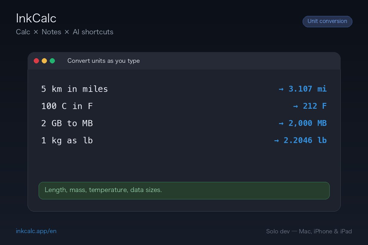 InkCalc's tweet photo. 🧮 Convert units right where you type them.

5 km in miles → 3.107 mi
100 C in F → 212 F
2 GB to MB → 2,000 MB

Length, mass, temperature, data sizes — handy for recipes or overseas spec sheets.
Free on the App Store — search "InkCalc"

#indiedev #iOS #macOS #buildinpublic https://t.co/wE5IGsZCTC