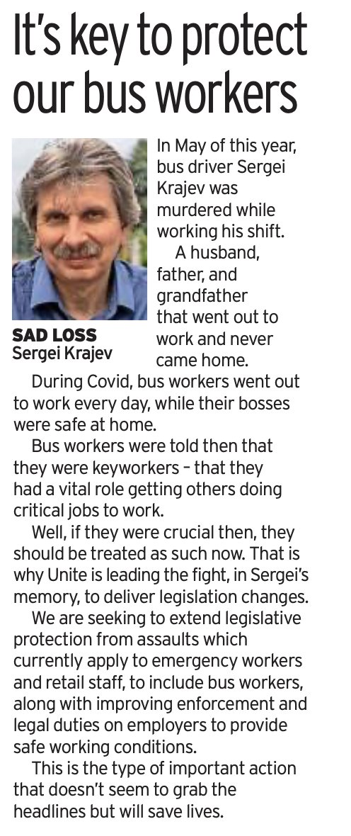 UniteSharon's tweet photo. During Covid, bus workers went out to work every day, while their bosses were safe at home. They were told that they were key workers, they should be treated as such now. That is why Unite is leading the fight, in Sergei’s memory, to deliver legislation changes. ⤵️ https://t.co/nDC5VjEakq