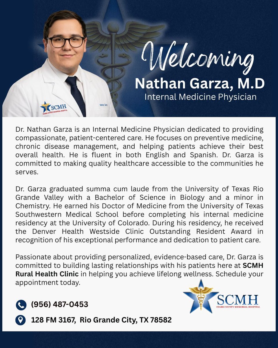 SCMH1975's tweet photo. Starr County Memorial Hospital is proud to welcome Nathan Garza, M.D., Internal Medicine Physician, to our Rural Health Clinic! 🎉👨‍⚕️

Whether you're managing a chronic condition or looking to stay proactive about your health, Dr. Garza is here  to help every step of the way. https://t.co/Y9q6CmdCLA