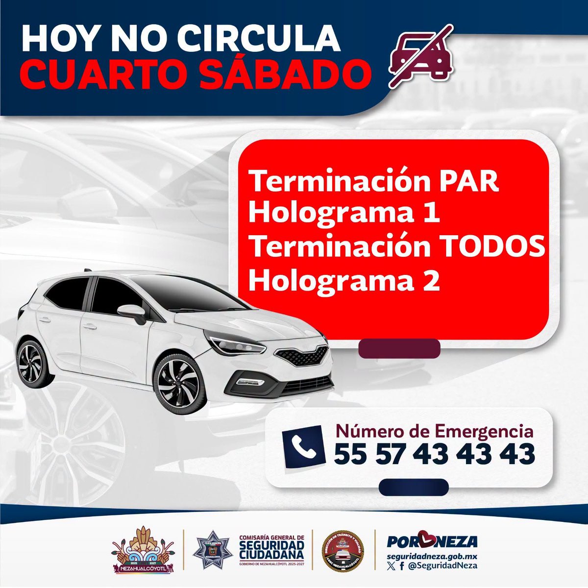 TransitoNeza's tweet photo. 🚦#Hoy cuarto sábado del mes, aplica el programa #HoyNoCircula ⚠️ a vehículos con terminación PAR holograma 1 y todos los hologramas 2.

👉 Tómalo en cuenta y evita sanciones. https://t.co/XV2JlbXwyd