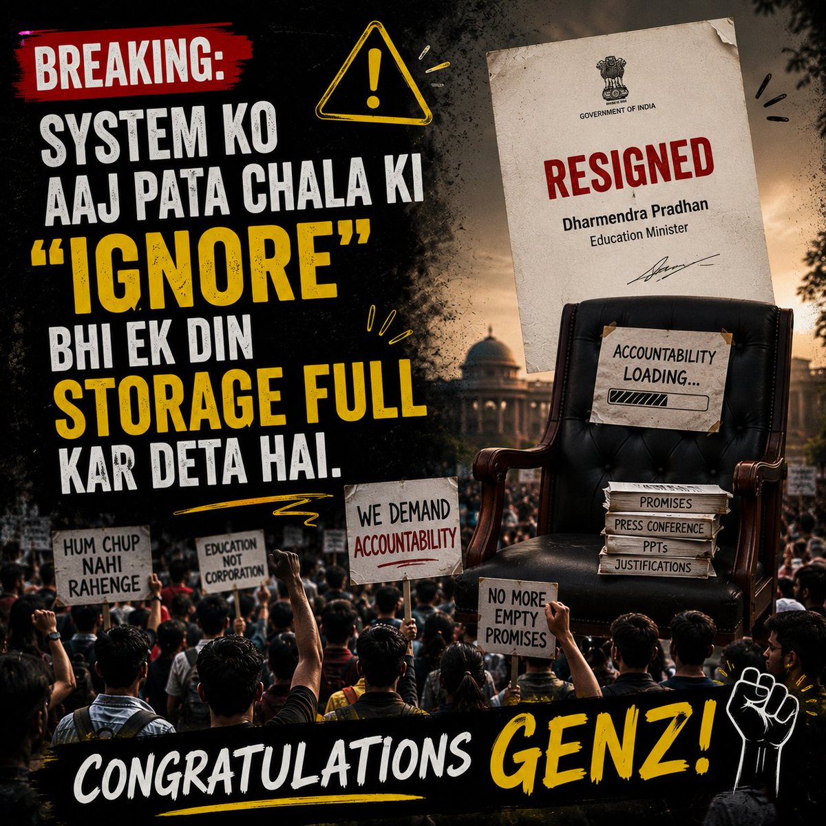 saabukachacha's tweet photo. System ko aaj pata chala ki "Ignore" bhi ek din storage full kar deta hai. 💀

Congratulations Genz! Congratulations People of India...
#DharmendraPradhan https://t.co/oOYFEUMXqH