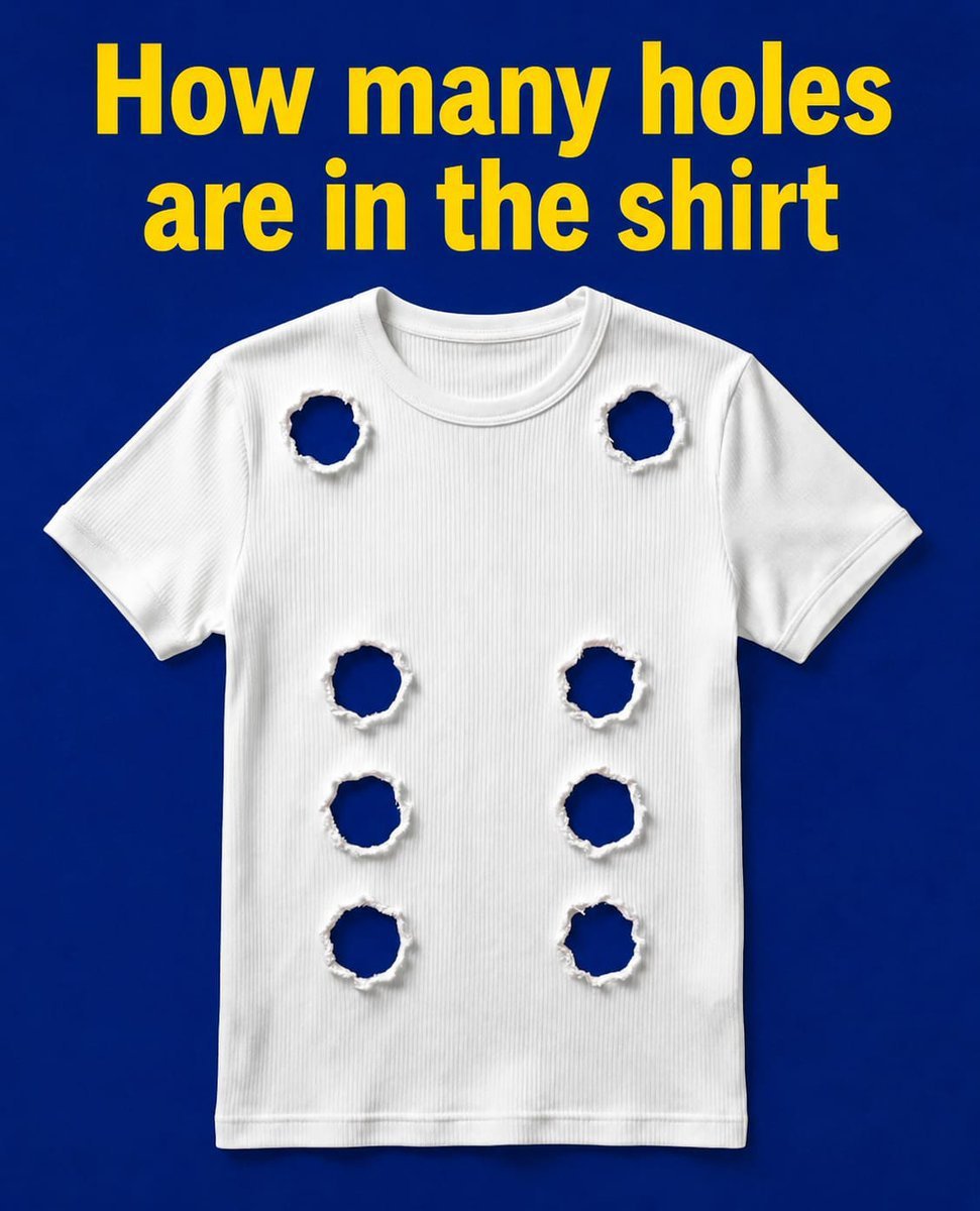 Thinkreply01's tweet photo. How many Holes are in the T shirt ?

99.9% will fail https://t.co/hxOo0PqxRR