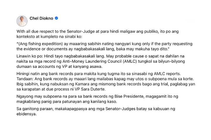 gmanews's tweet photo. TINGNAN: Naglabas ng kaniyang pahayag sa social media si House Prosecutor Chel Diokno hinggil sa konteksto ng kaniyang sinabi patungkol sa alegasyon ng “fishing expedition” sa impeachment trial ni Vice President Sara Duterte.

"Linawin ko po: Hindi tayo nagbabakasakali lang. May probable cause o sapat na dahilan na nakita sa mga record ng Anti-Money Laundering Council (AMLC) tungkol sa bilyun-bilyong dumaan sa accounts ng VP at kaniyang asawa," dagdag pa ni Diokno.

Courtesy: Chel Diokno/Facebook

Bisitahin ang https://t.co/bAMF9JO2Xs para sa iba pang updates.