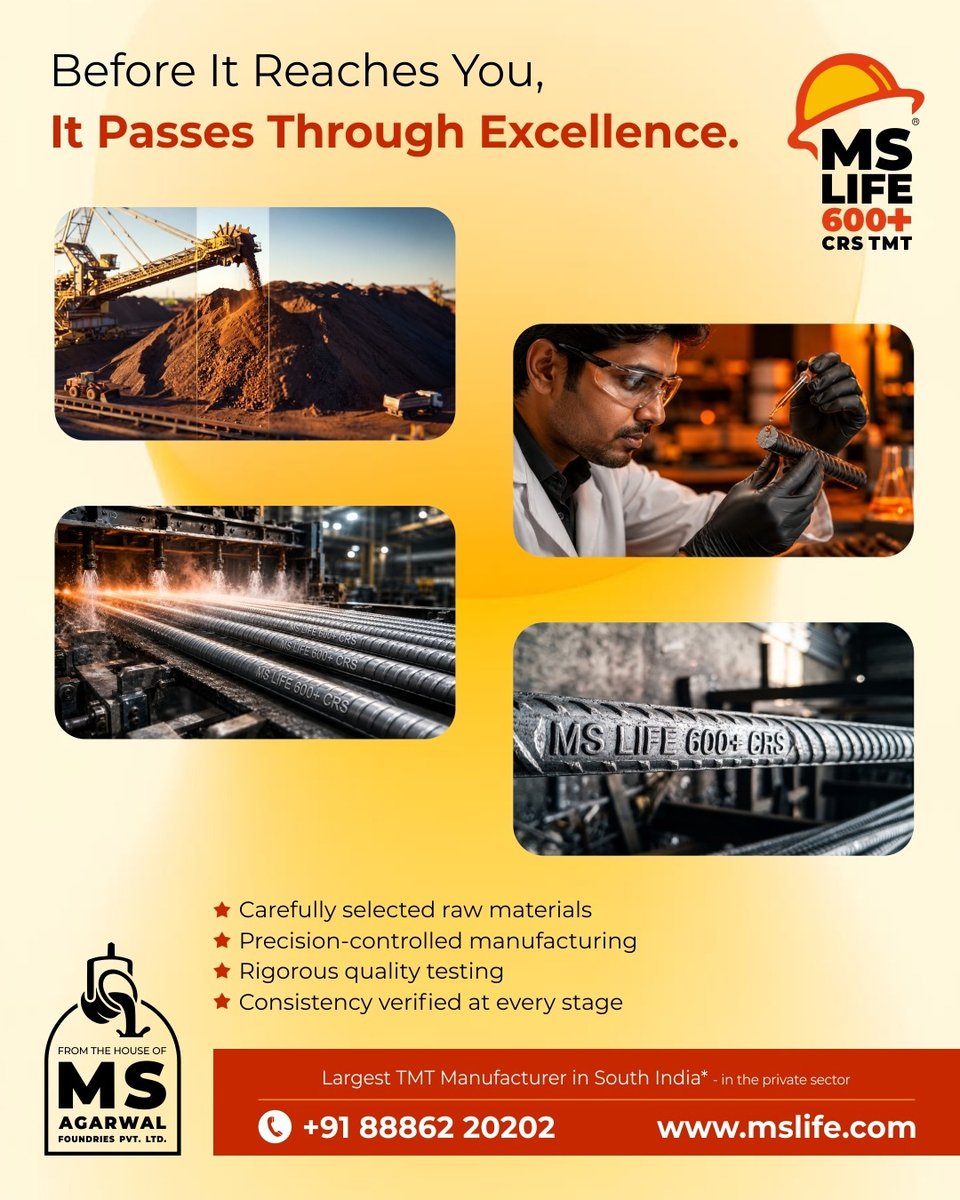 MSLife7's tweet photo. Every MS Life TMT bar represents a journey of precision and uncompromising standards. Because excellence isn't inspected at the end, it's engineered into every step.
Know More, Visit: https://t.co/p1Q5HiGX0T
Call: +91-8886220202
#MSLifeSteel #QualityControl #BuiltForLife https://t.co/s3mPl3BxRs