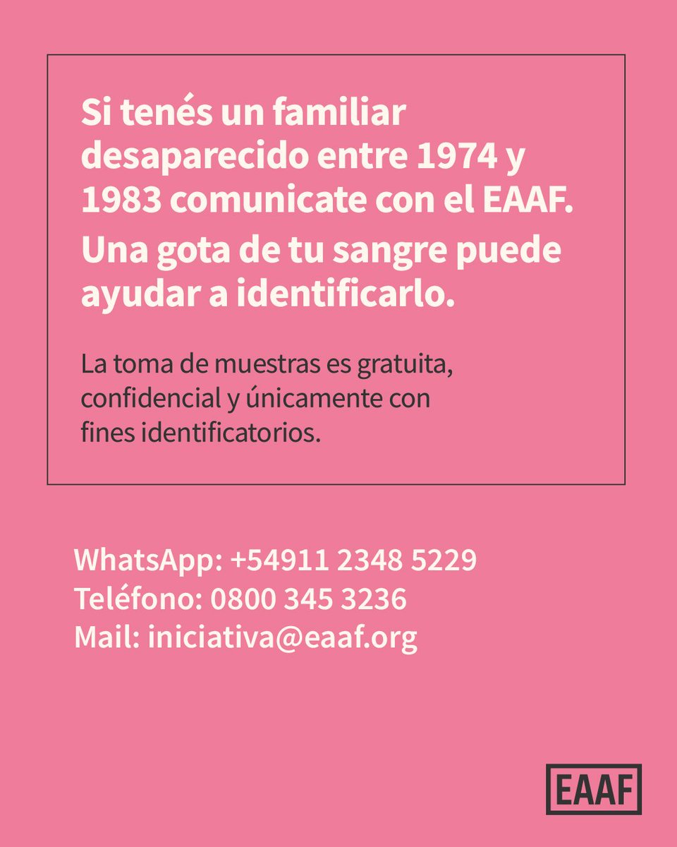 eaafoficial's tweet photo. 🇦🇷 El Equipo Argentino de Antropología Forense (EAAF) restituyó los restos óseos de Carlos Cayetano Cruspeire, Rosa Cristina Godoy, Nélida Noemí Moreno Maza y José Luis Goyochea Escudero. Los restos fueron hallados e identificados por el EAAF en el predio donde funcionó el centro clandestino de detención La Perla, en la provincia de Córdoba. 

Carlos y Rosa (ambos 24 años) fueron secuestros el 10 de septiembre de 1977. Nélida (32) y José Luis (30) fueron secuestrados el 15 de agosto de 1977. Ambos matrimonios estuvieron detenidos en La Perla. Hasta el momento, los análisis de ADN sobre un primer conjunto de restos óseos recuperados por el EAAF permitieron obtener el perfil genético de 35 personas e identificar a 29 (12 en marzo y 17 en mayo), mientras que seis perfiles permanecen aún sin identificar. 

Luego de la restitución los familiares caminaron en cortejo hacia la Catedral Metropolitana, donde depositaron una ofrenda floral en la tumba de San Martín, y siguieron hacia la Basílica Nuestra Señora de la Merced, en el microcentro porteño, donde se realizó una misa. Participaron del cortejo y la misa las hijas de los matrimonios, con sus familias, otros familiares de personas desaparecidas, amigos, sobrevivientes de La Perla y compañeros de militancia. 

“Siento que mis papás y los papás de Águeda hoy son libres”, relató Mariela, hija de Rosa y Carlos. Entre los presentes estaba Teresa “Tina” Meschiati, sobreviviente del centro clandestino La Perla, quien contó: “Yo estuve con los cuatro en La Perla. Si tengo que seguir testimoniando, lo voy a seguir haciendo. Es una alegría este acto. Aunque encontremos un huesito chiquitito, el huesito nos pertenece, es nuestro. Todos los huesos son nuestros y estamos en esta campaña tratando de que podamos encontrar más restos para que las familias sientan un poco de paz."