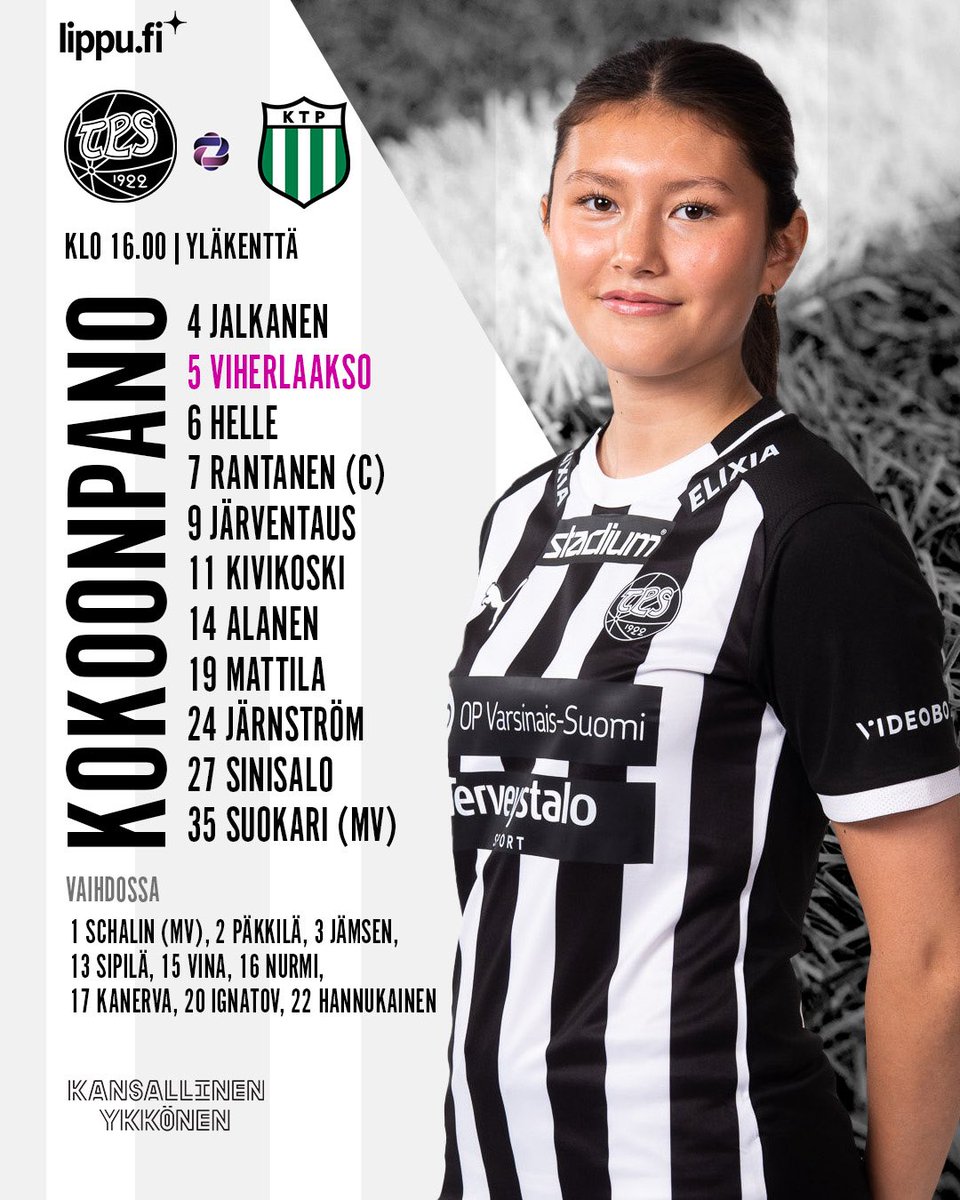 TPSjalkapallo's tweet photo. TPS tänään Yläkentällä 🖤🤍

Päävalmentaja Silja Luukkarinen on nimennyt kokoonpanon päivän KTP-otteluun. https://t.co/DdeZx3mvL3
