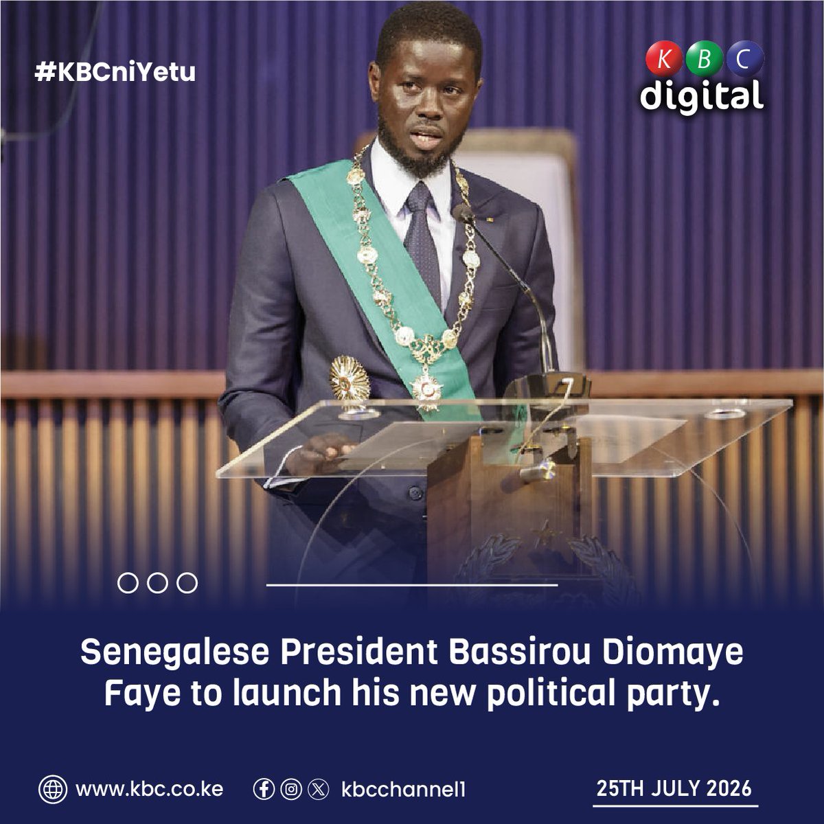 KBCChannel1's tweet photo. Senegalese President Bassirou Diomaye Faye to launch his new political party.

#KBCniYetu ^PM https://t.co/j24DE2zKfE