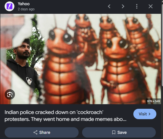 MetcalfDB's tweet photo. this is literally so good

i literally just found the indian NEET

the indian cockroach meme literally has NEET lore and is going insanely viral

theres people in india willing to die for this 'cockroach meme'

it literally has neets cores and values. the cockroaches refer to the young indians/unemployed youth

the cockroach janta party is literally a meme movement it started as a meme and then turned into a political war by the young generation who are tired of being 'cockroaches' to their government

theres so much coverage about this and its fairly new, we sent the party, but never the meme itself