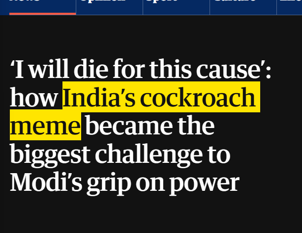 MetcalfDB's tweet photo. this is literally so good

i literally just found the indian NEET

the indian cockroach meme literally has NEET lore and is going insanely viral

theres people in india willing to die for this 'cockroach meme'

it literally has neets cores and values. the cockroaches refer to the young indians/unemployed youth

the cockroach janta party is literally a meme movement it started as a meme and then turned into a political war by the young generation who are tired of being 'cockroaches' to their government

theres so much coverage about this and its fairly new, we sent the party, but never the meme itself