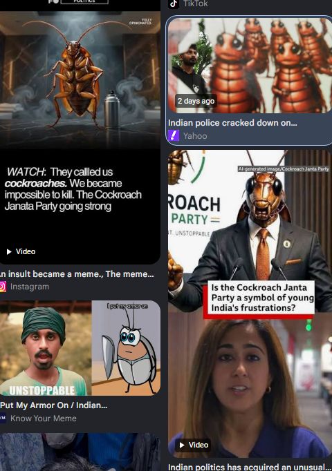 MetcalfDB's tweet photo. this is literally so good

i literally just found the indian NEET

the indian cockroach meme literally has NEET lore and is going insanely viral

theres people in india willing to die for this 'cockroach meme'

it literally has neets cores and values. the cockroaches refer to the young indians/unemployed youth

the cockroach janta party is literally a meme movement it started as a meme and then turned into a political war by the young generation who are tired of being 'cockroaches' to their government

theres so much coverage about this and its fairly new, we sent the party, but never the meme itself