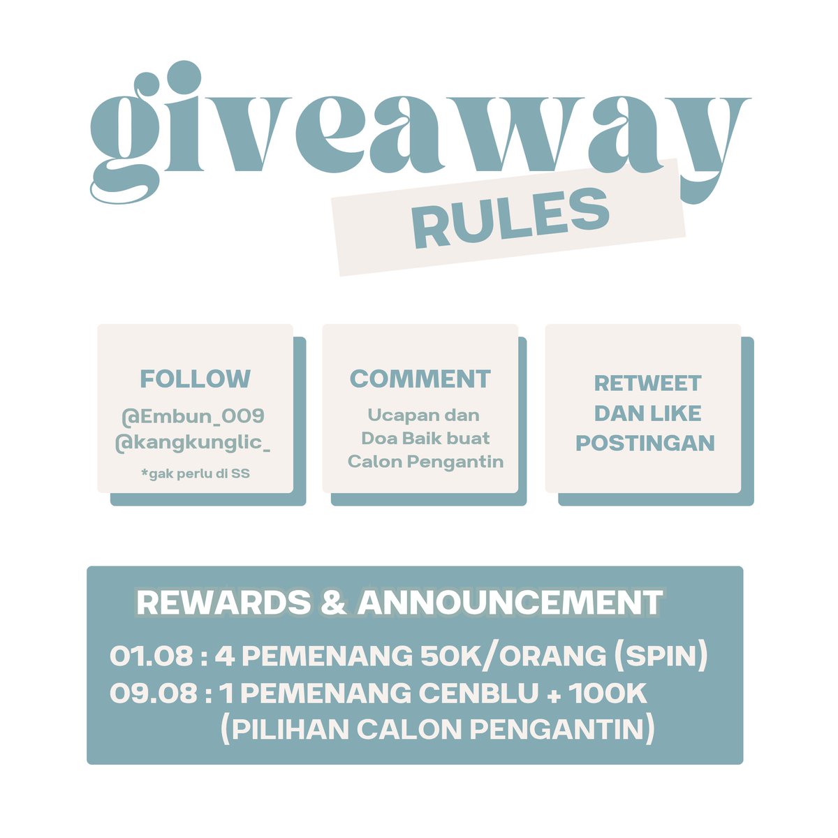 kangkunglic_'s tweet photo. [JANGAN SKIP]

Biar momen bahagia temen kita makin berkesan, kita mau bagi-bagi rezeki nih buat kalian! 🎉

Detailnya ada di poster ya. Yuk ramekan dengan doa paling sweet kalian! 🥳💌

*sebut saja kak dan suami didoanya gpp nyak

Yang ngide : mbak @Embun_009 https://t.co/jdnosQ49gM