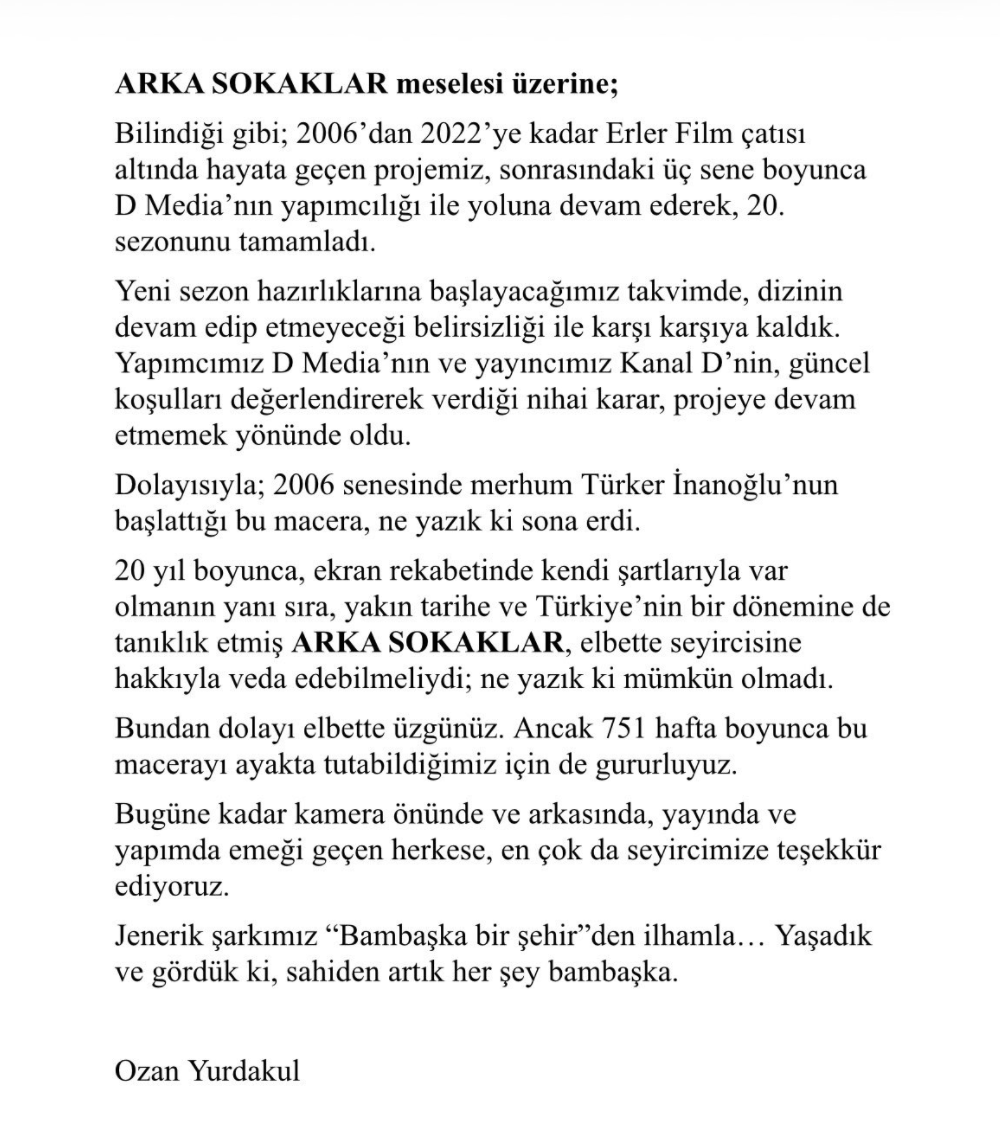 bpthaber's tweet photo. Arka Sokaklar senaristi Ozan Yurdakul, dizinin final yaptığını açıkladı. https://t.co/O2FfDjELzk