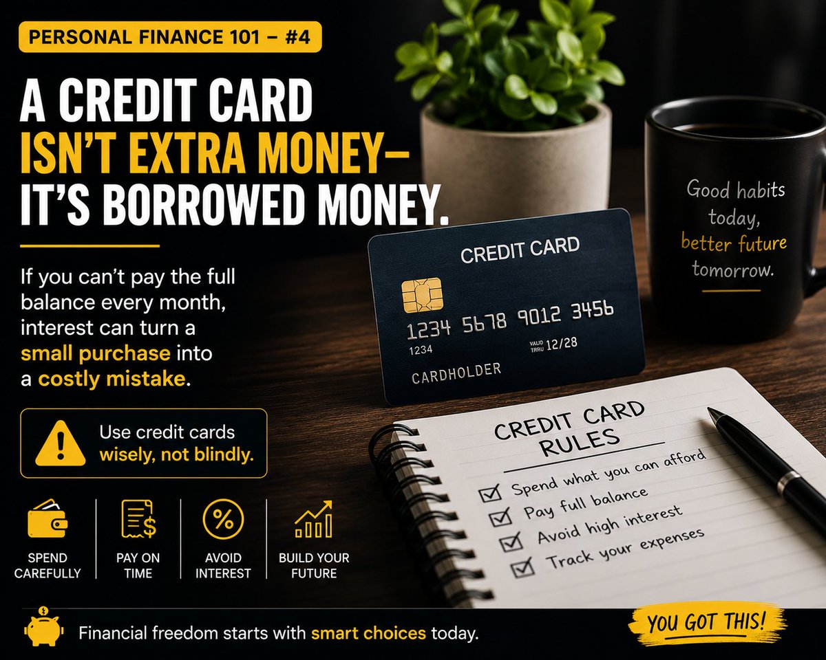 Ddndhruva's tweet photo. Personal Finance 101 – #4

💳 A credit card isn't extra money—it's borrowed money.

If you can't pay the full balance every month, interest can turn a small purchase into a costly mistake.

#PersonalFinance #CreditCards #MoneyTips #FinancialFreedom @FinancialTimes https://t.co/PCDWWD1IFw