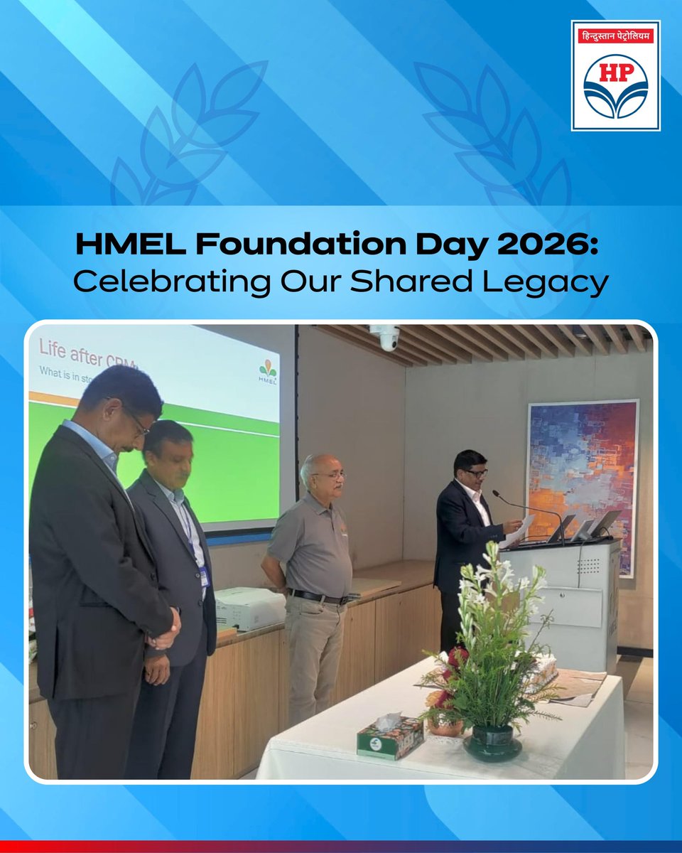 HPCL's tweet photo. Celebrating 19 Years of HMEL! 🎉

HMEL marked its 19th Foundation Day with a cake-cutting ceremony at the Corporate Office, bringing employees together to celebrate the organization’s remarkable journey of growth, collaboration, and excellence.

On this special occasion, the message from C&MD, HPCL was read out, inspiring everyone with a shared vision for the future and reaffirming the values that continue to drive HMEL forward. The CEO, HMEL expressed heartfelt gratitude to the CMD, HPCL for his inspiring message and continued guidance and support.

Here’s to many more years of innovation, progress, and collective success. 

@HardeepSPuri @PetroleumMin @TheSureshGopi @Secretary_MoPNG @neerajmittalias @HMEL_India 

#HMEL #FoundationDay #HMELAt19 #TeamHMEL #TogetherWeGrow #EnergyForTomorrow #HPCL