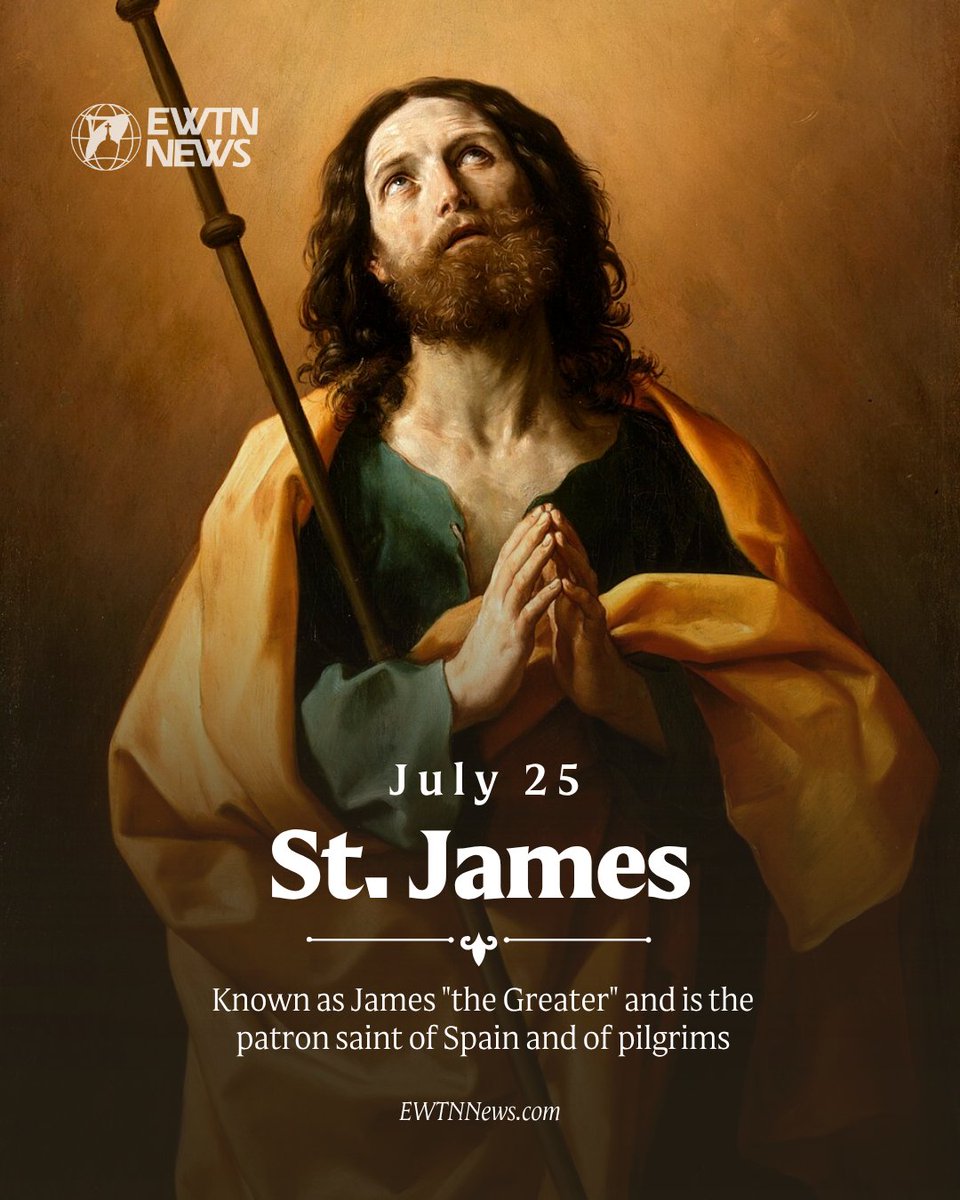 EWTNews's tweet photo. St. James the Greater was among the first to follow Christ and the first to give his life for the Gospel. He was the son of Zebedee and Salome and the brother of St. John the Apostle. A fisherman by trade, he was called by Jesus along the shores of the Sea of Galilee.

James quickly became part of Christ’s inner circle, along with Peter and John. He witnessed key moments in Jesus’ ministry, including the raising of Jairus’s daughter, the Transfiguration, and Christ’s agony in the Garden of Gethsemane. His zealous personality earned him and his brother the nickname “Sons of Thunder,” reflecting their fervent, sometimes impulsive nature.

After Christ’s Ascension and the coming of the Holy Spirit at Pentecost, James began proclaiming the Gospel. Tradition says that he traveled as far as Spain, preaching and establishing early Christian communities.

Returning to Jerusalem, St. James continued his apostolic work amid growing opposition. Around 44 A.D., he was arrested under King Herod Agrippa I and became the first Apostle to be martyred, dying by the sword. His courageous martyrdom set the precedent for the other Apostles to follow.

His witness for the Faith has inspired countless Christians through the centuries. The famous pilgrimage route, the Camino de Santiago (Way of St. James), is dedicated to him and draws pilgrims from around the world seeking spiritual renewal.

Read More: https://t.co/FRQH3aVEO0