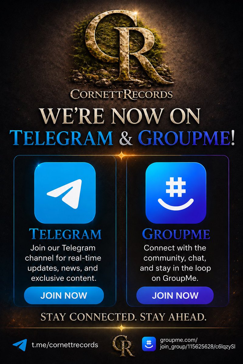 CornettRecords's tweet photo. I am proud to announce we are now on Telegram and GroupMe links are below  
Telegram: https://t.co/hsKfrRY7xj
Group Me:https://t.co/07k8NBDqIv) Signed, Christian Cornett Owner of CornettRecords Co Owner of DragonThunder Music Studios https://t.co/L1TEJYtoiS