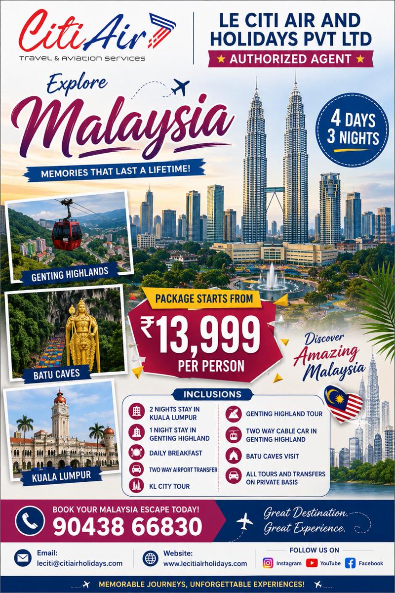 lecitiair's tweet photo. 🇲🇾 Explore Malaysia 4D/3N with Le Citiair & Holidays! ✈️🌟#ExploreMalaysia #Malaysia4D3N #LeCitiairAndHolidays #MalaysiaTour #TravelDeals #HolidayPackage #FamilyVacation #VisitMalaysia #TravelMore #BookNow https://t.co/cTetKlg6eR