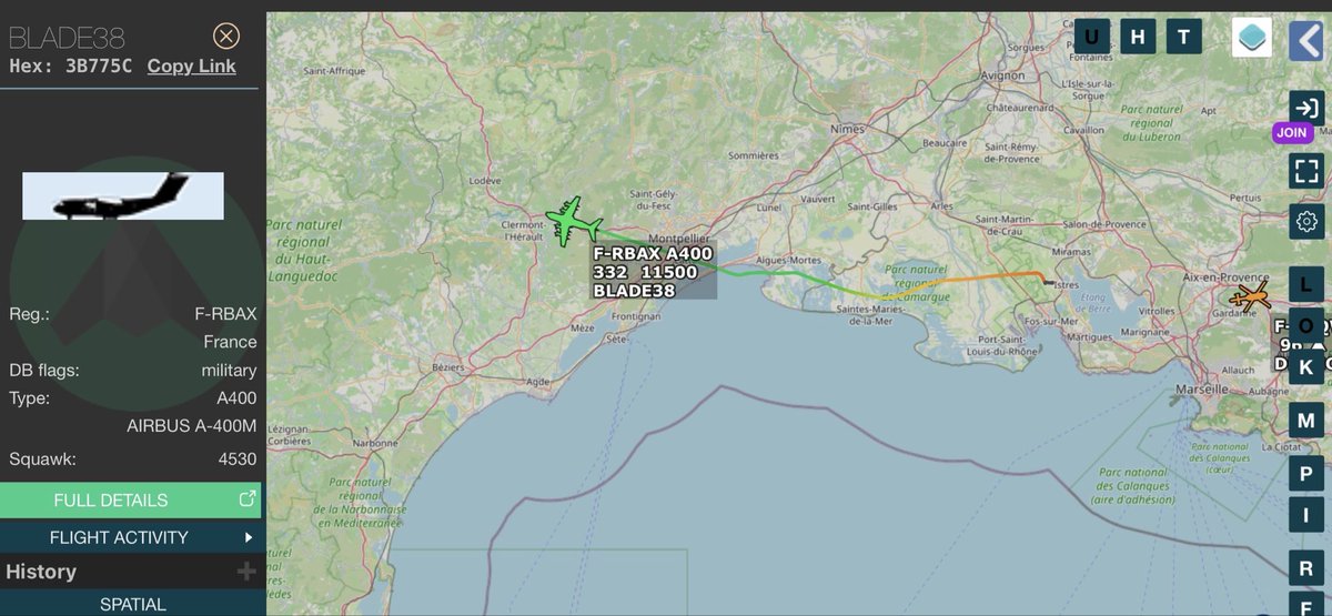Th__Cuq's tweet photo. Tant réclamé par beaucoup, l’A400M F-RBAX #BLADE38 la soute remplie de retardant file depuis Istres pour son premier largage opérationnel sur l’incendie de Gironde. Il faut saluer l’engagement de l’AAE et d’Airbus.
https://t.co/lbM6hyiUHn https://t.co/mnS2MfJYYn