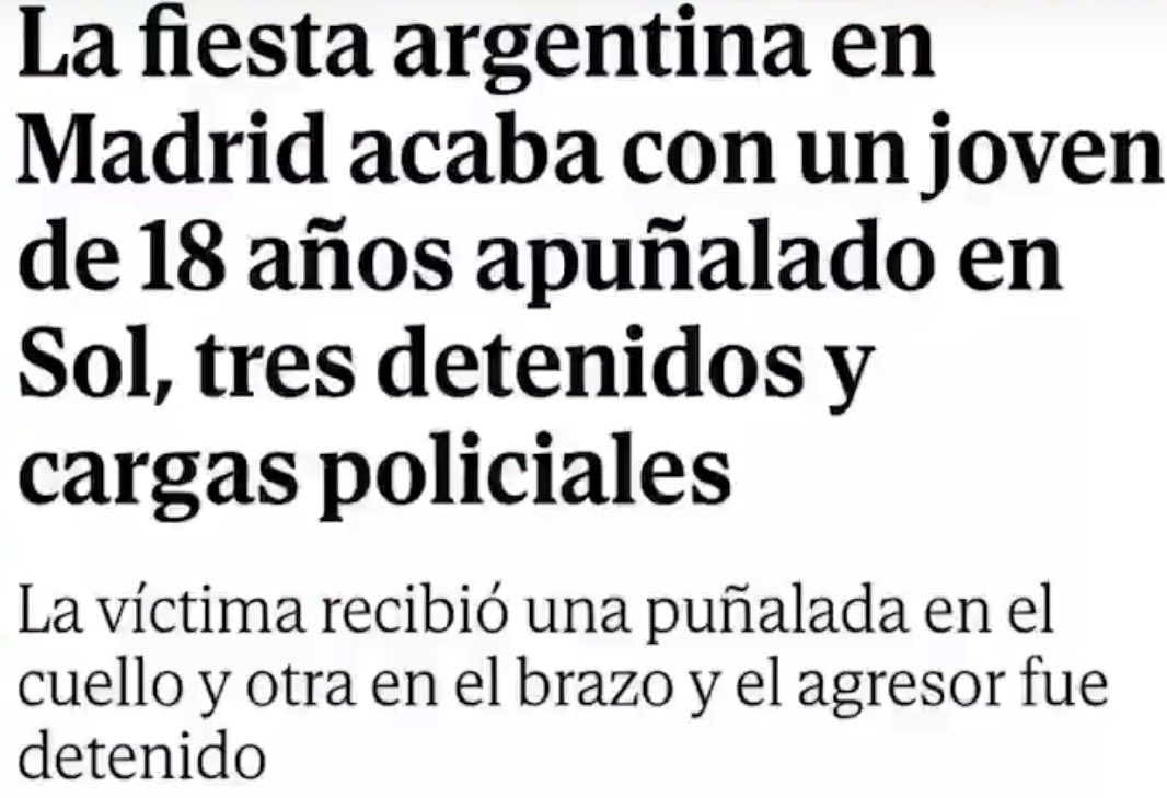 ChadAbrazo's tweet photo. 🇪🇸 | Un grupo de españoles intentó asesinar a un joven por tener la camiseta de la Selección Argentina puesta.

Los “civilizados” agresores, apuñalaron directamente el cuello para matar, dejando a la víctima con un profundo corte en esa zona que, al cubrirse para evitar nuevas puñaladas, también recibió una herida en un brazo.

No olviden los nombres y apellidos de todos los artistas, influencers y periodistas nacionales e internacionales que impulsaron la campaña anti-Argentina. Ellos son los principales culpables de esto.